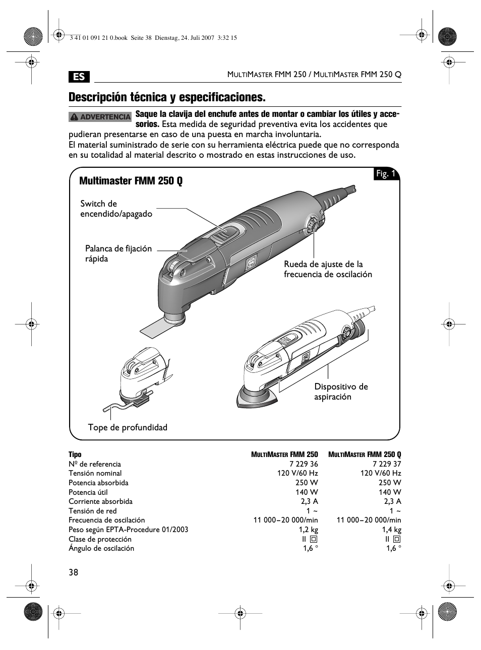 Descripción técnica y especificaciones, Multimaster fmm 250 q | FEIN Power Tools FMM 250 User Manual | Page 38 / 44