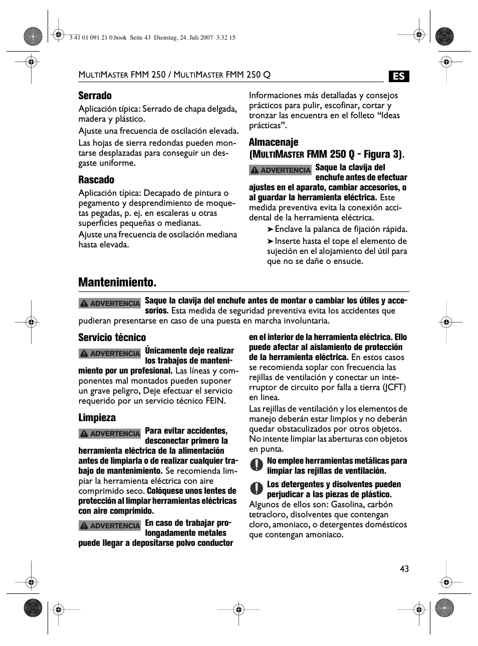 Mantenimiento | FEIN Power Tools FMM 250 User Manual | Page 43 / 44