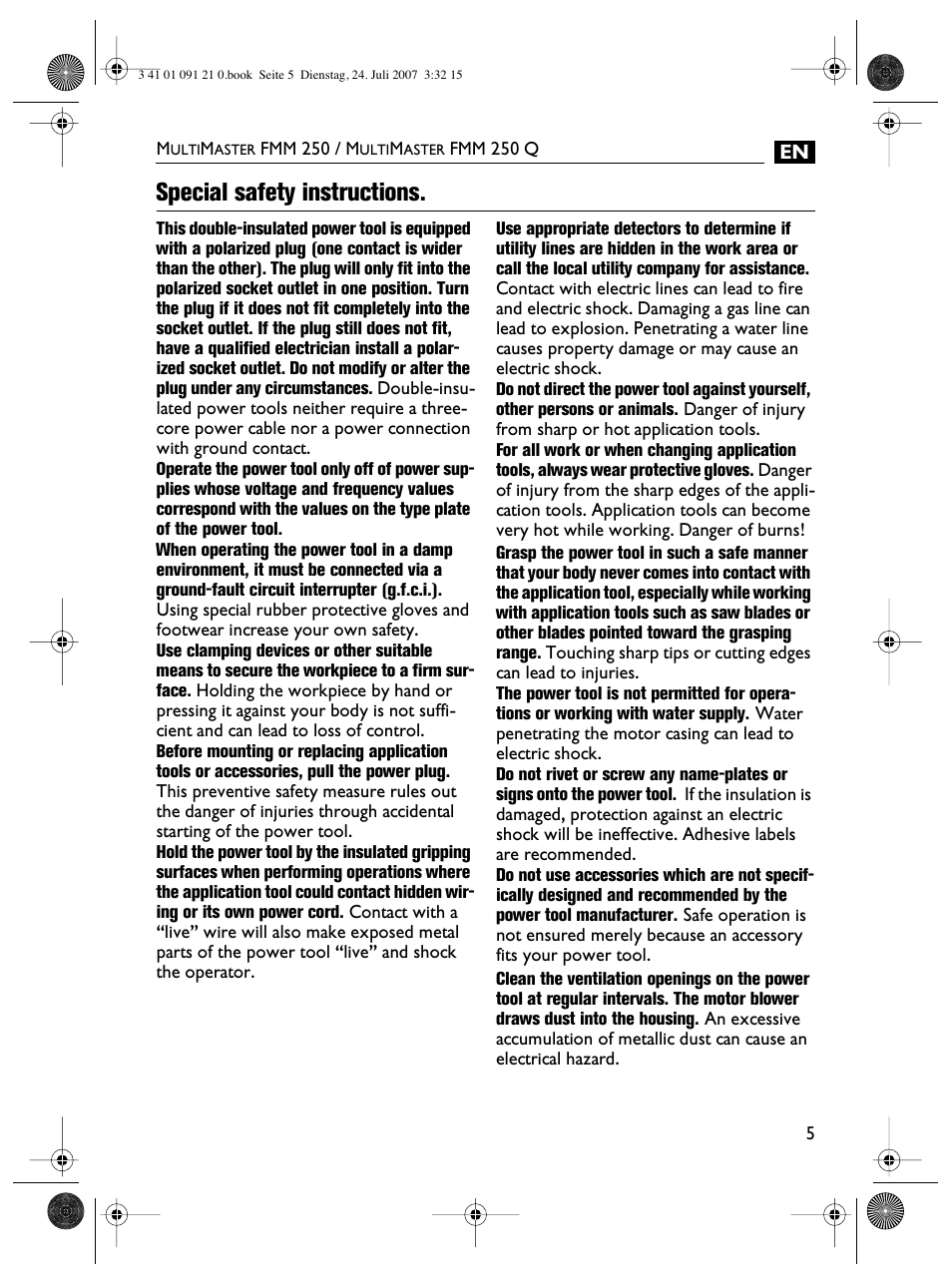 Special safety instructions | FEIN Power Tools FMM 250 User Manual | Page 5 / 44