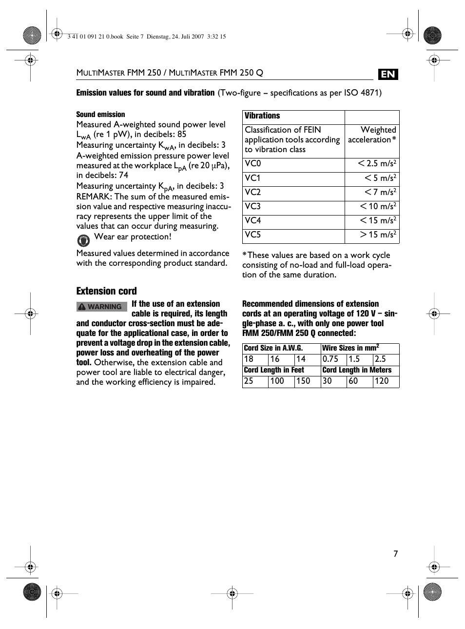 Extension cord | FEIN Power Tools FMM 250 User Manual | Page 7 / 44