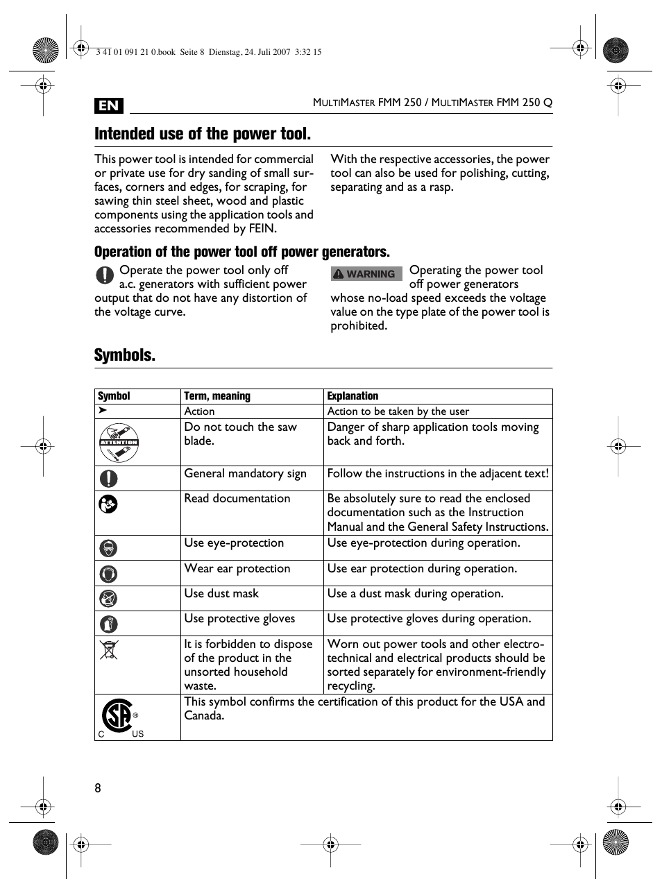 Intended use of the power tool, Symbols, Operation of the power tool off power generators | FEIN Power Tools FMM 250 User Manual | Page 8 / 44