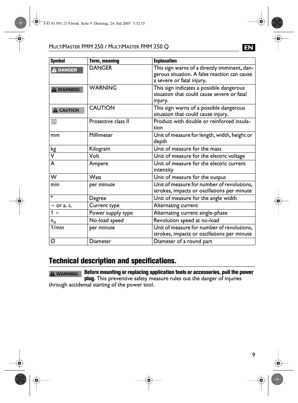 Technical description and specifications | FEIN Power Tools FMM 250 User Manual | Page 9 / 44