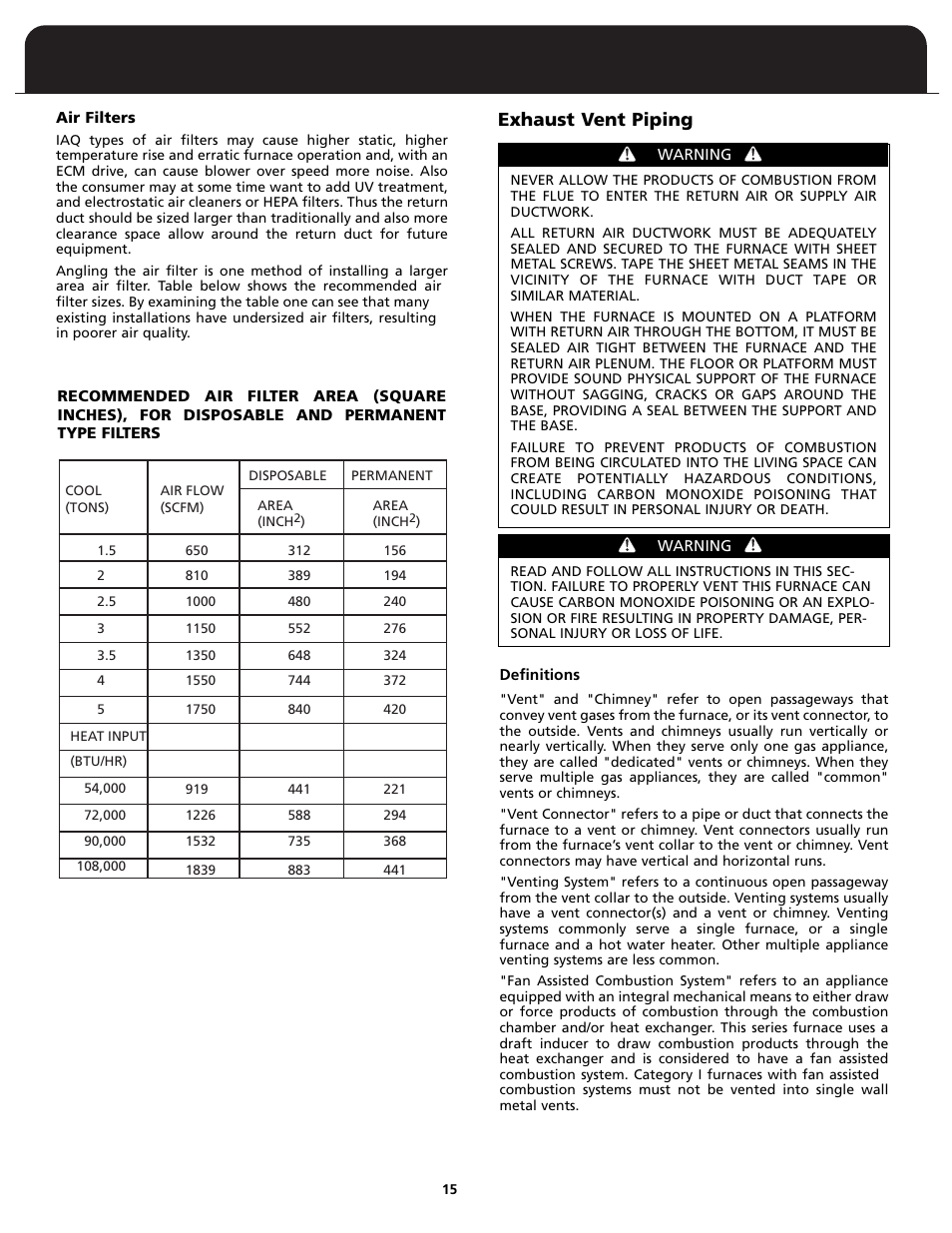 Exhaust vent piping | Fedders FV95A090 User Manual | Page 17 / 50