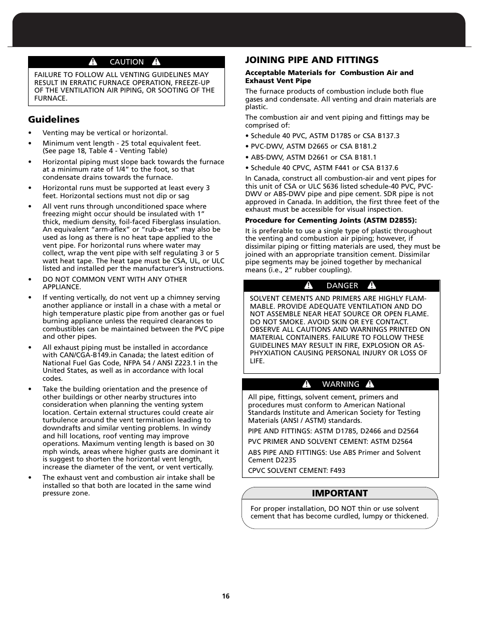 Guidelines, Joining pipe and fittings, Important | Fedders FV95A090 User Manual | Page 18 / 50