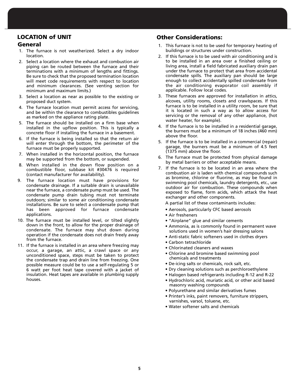 Other considerations, Location of unit general | Fedders FV95A090 User Manual | Page 7 / 50