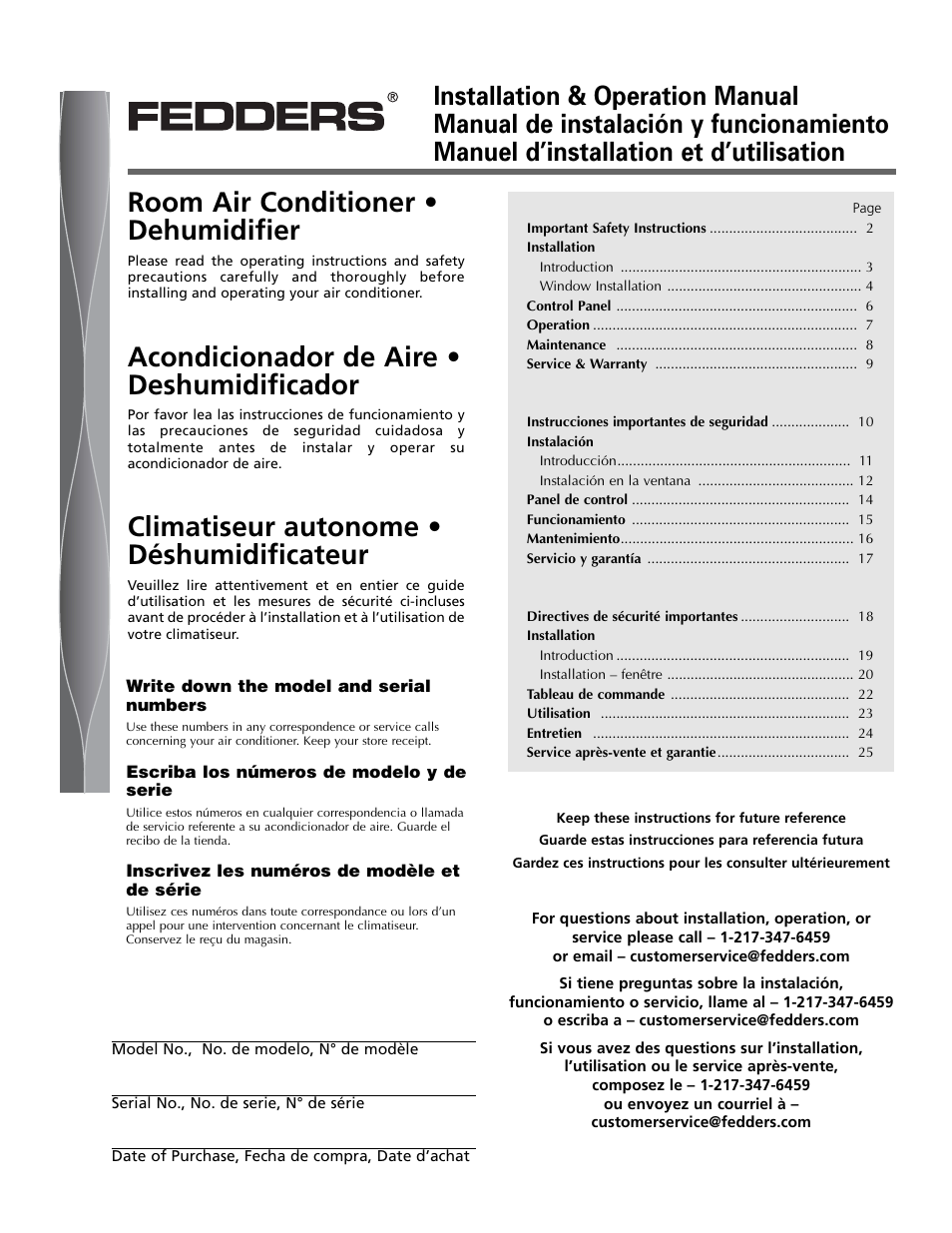 Fedders Portable Dehumidifier User Manual | 28 pages