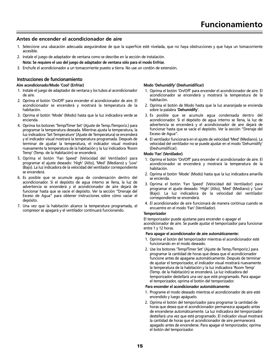 Funcionamiento | Fedders Portable Dehumidifier User Manual | Page 15 / 28