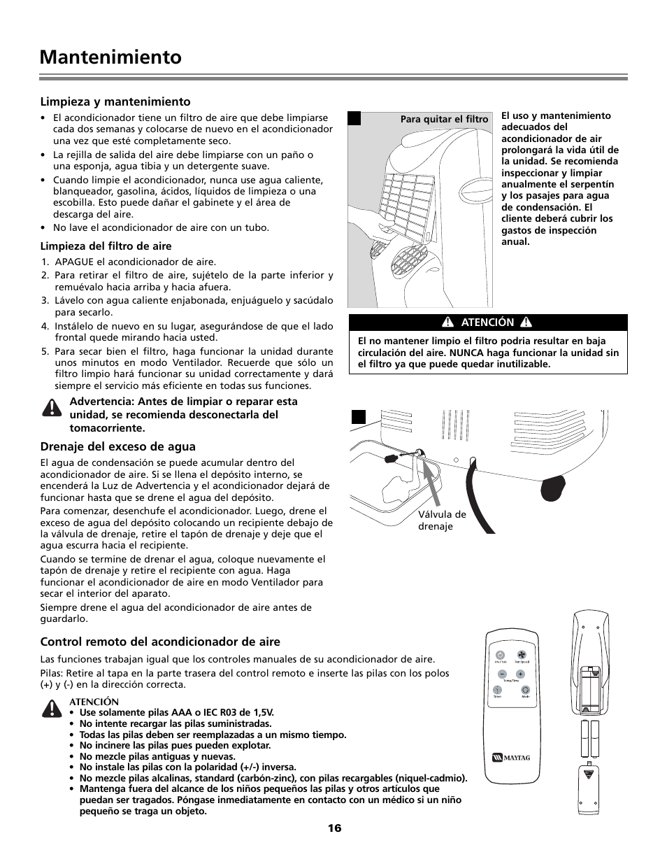 Mantenimiento, Limpieza y mantenimiento, Drenaje del exceso de agua | Control remoto del acondicionador de aire | Fedders Portable Dehumidifier User Manual | Page 16 / 28