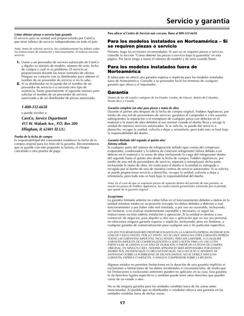 Servicio y garantía, Para los modelos instalados fuera de norteamérica, Garantía | Fedders Portable Dehumidifier User Manual | Page 17 / 28