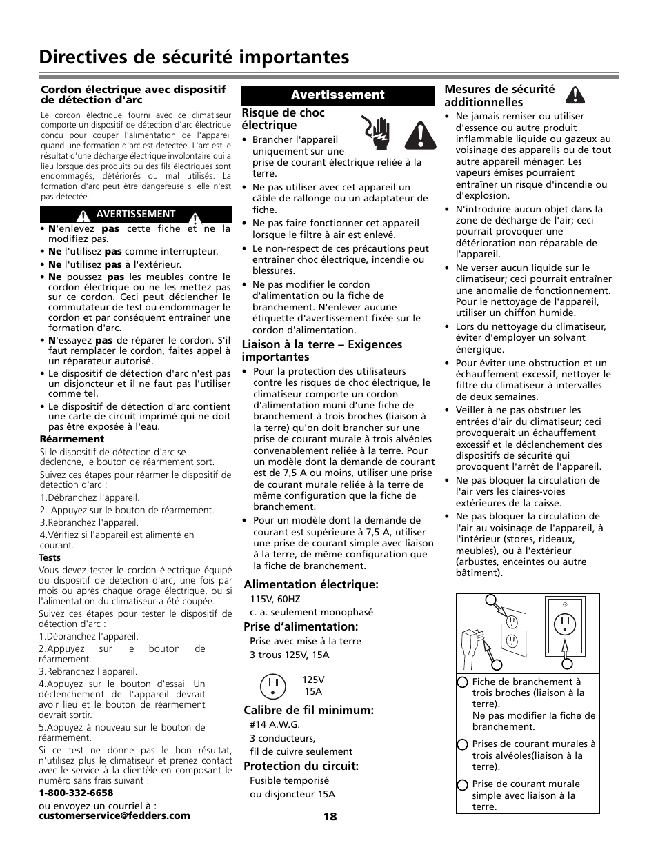 Directives de sécurité importantes | Fedders Portable Dehumidifier User Manual | Page 18 / 28