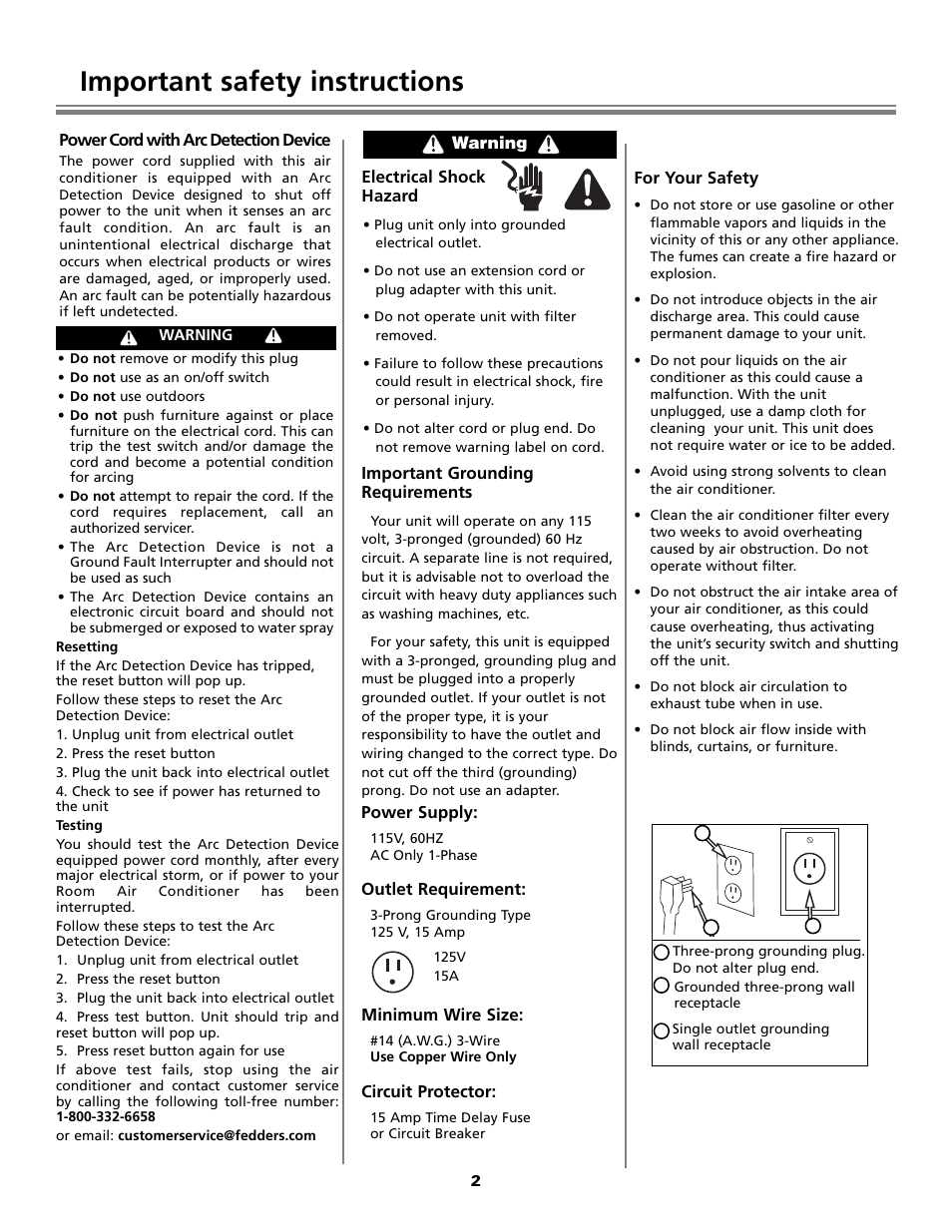 Important safety instructions | Fedders Portable Dehumidifier User Manual | Page 2 / 28