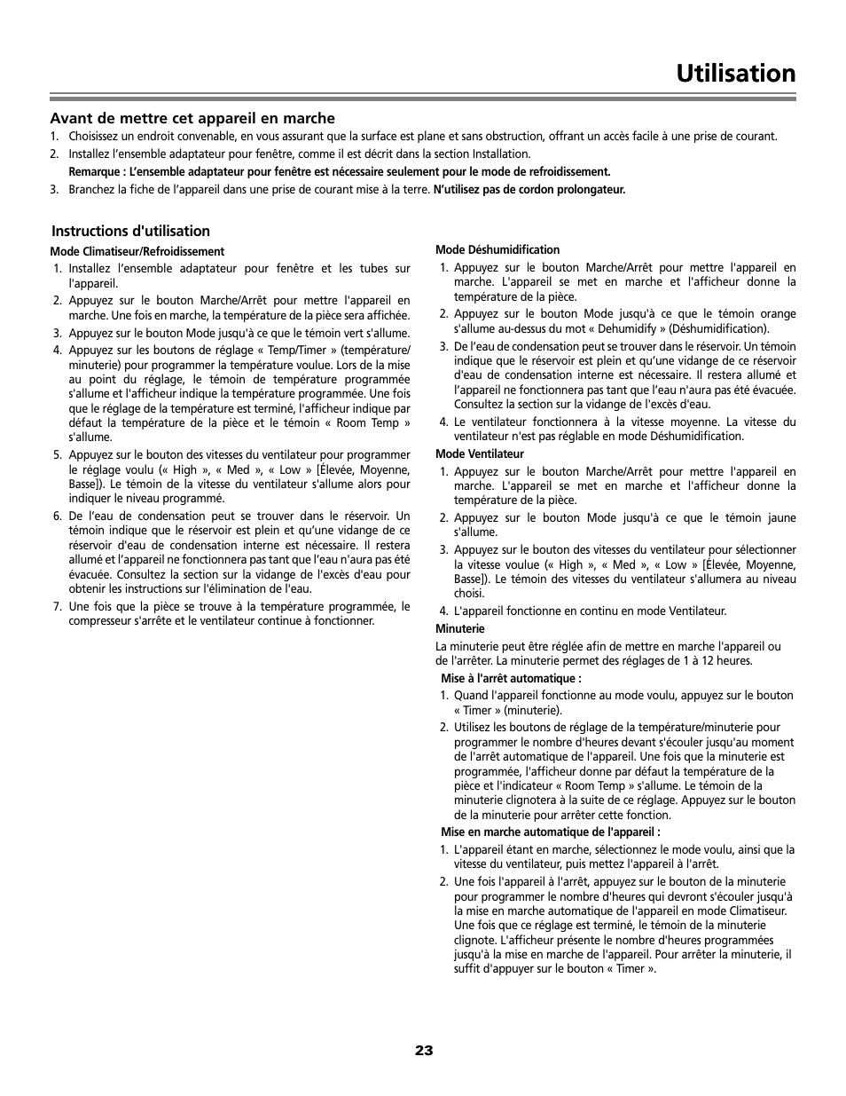 Utilisation | Fedders Portable Dehumidifier User Manual | Page 23 / 28