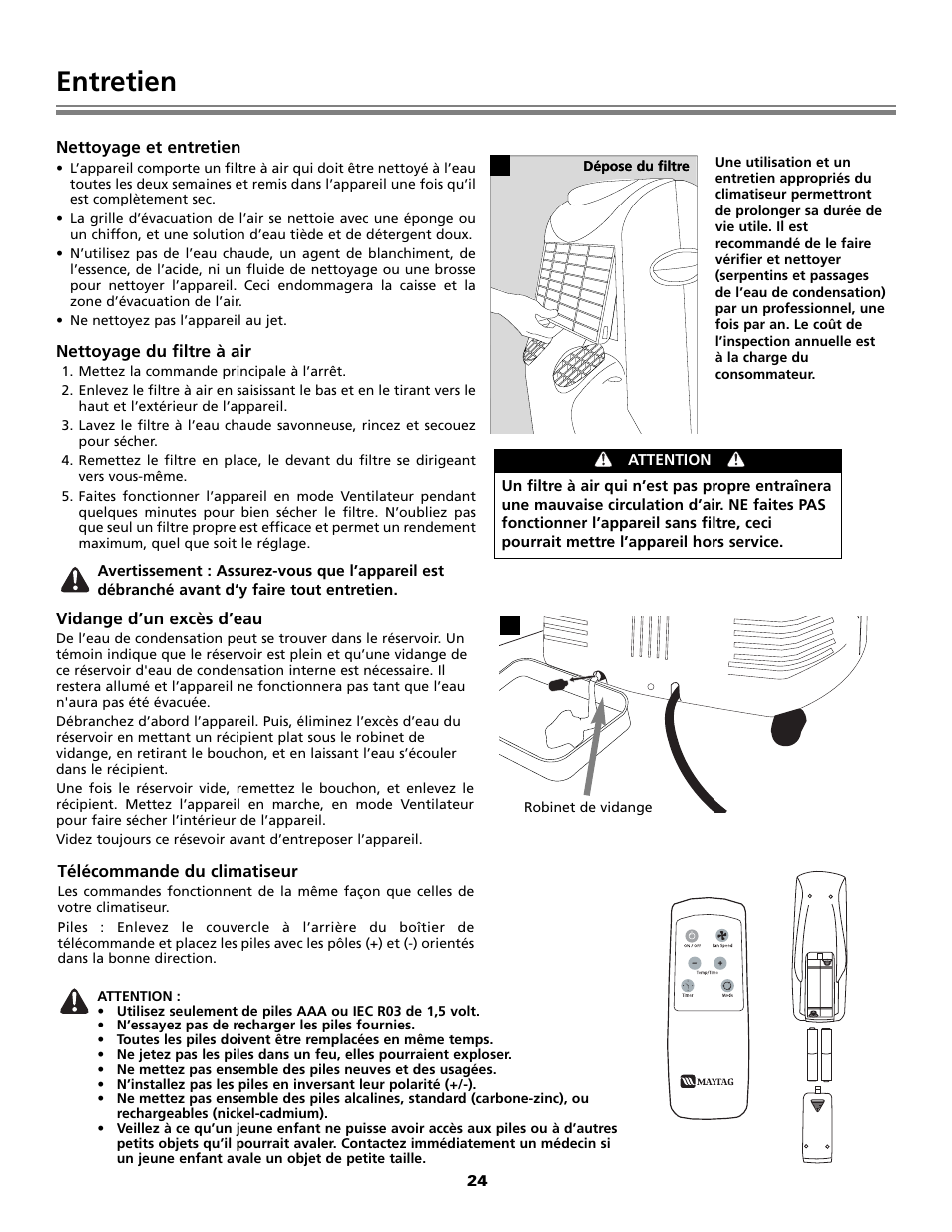 Entretien, Vidange d’un excès d’eau, Nettoyage et entretien | Télécommande du climatiseur, Nettoyage du filtre à air | Fedders Portable Dehumidifier User Manual | Page 24 / 28