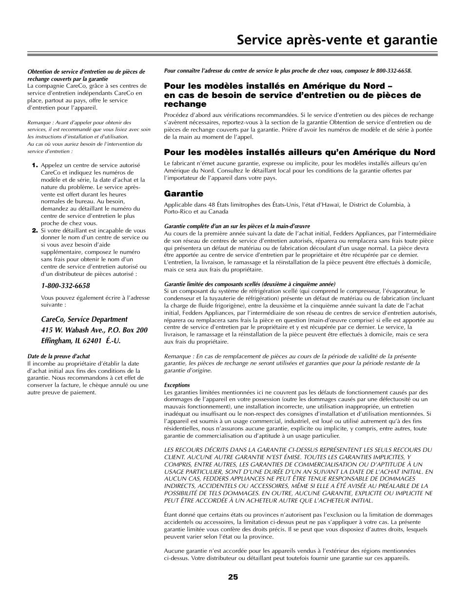 Service après-vente et garantie, Garantie | Fedders Portable Dehumidifier User Manual | Page 25 / 28