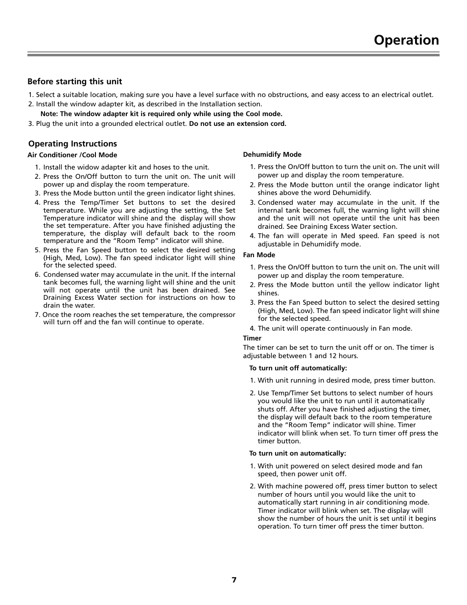 Operation | Fedders Portable Dehumidifier User Manual | Page 7 / 28