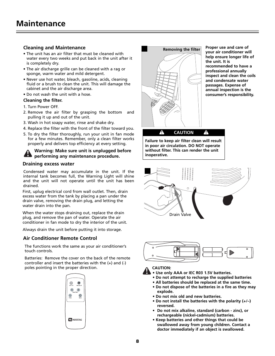 Maintenance, Draining excess water, Cleaning and maintenance | Air conditioner remote control | Fedders Portable Dehumidifier User Manual | Page 8 / 28