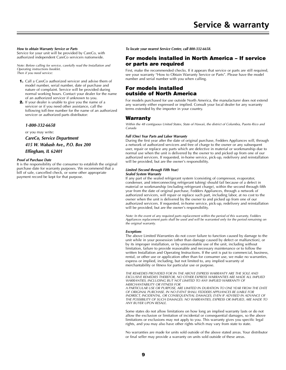 Service & warranty, For models installed outside of north america, Warranty | Fedders Portable Dehumidifier User Manual | Page 9 / 28