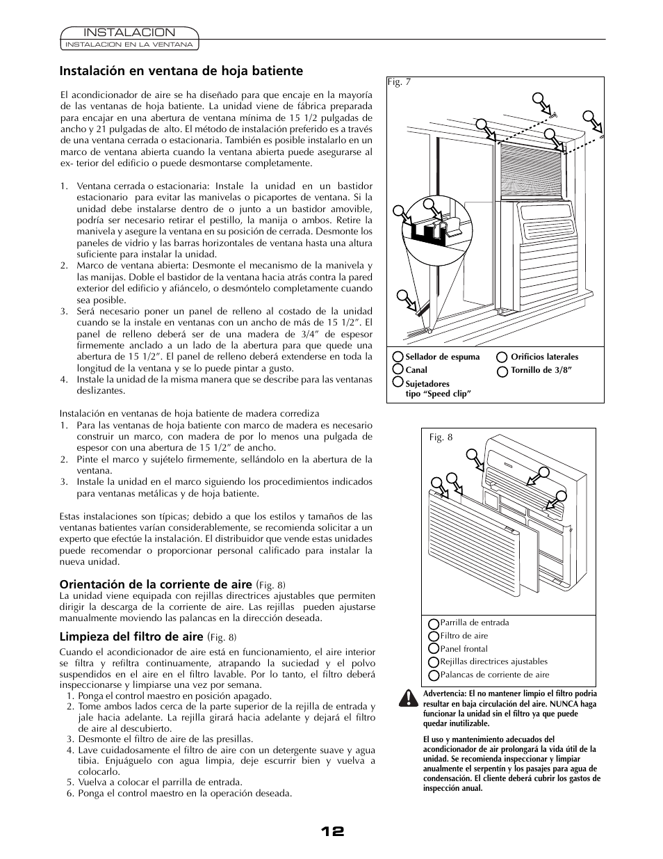 Instalación en ventana de hoja batiente, Orientación de la corriente de aire, Limpieza del filtro de aire | Fedders A6V05S2B User Manual | Page 12 / 24