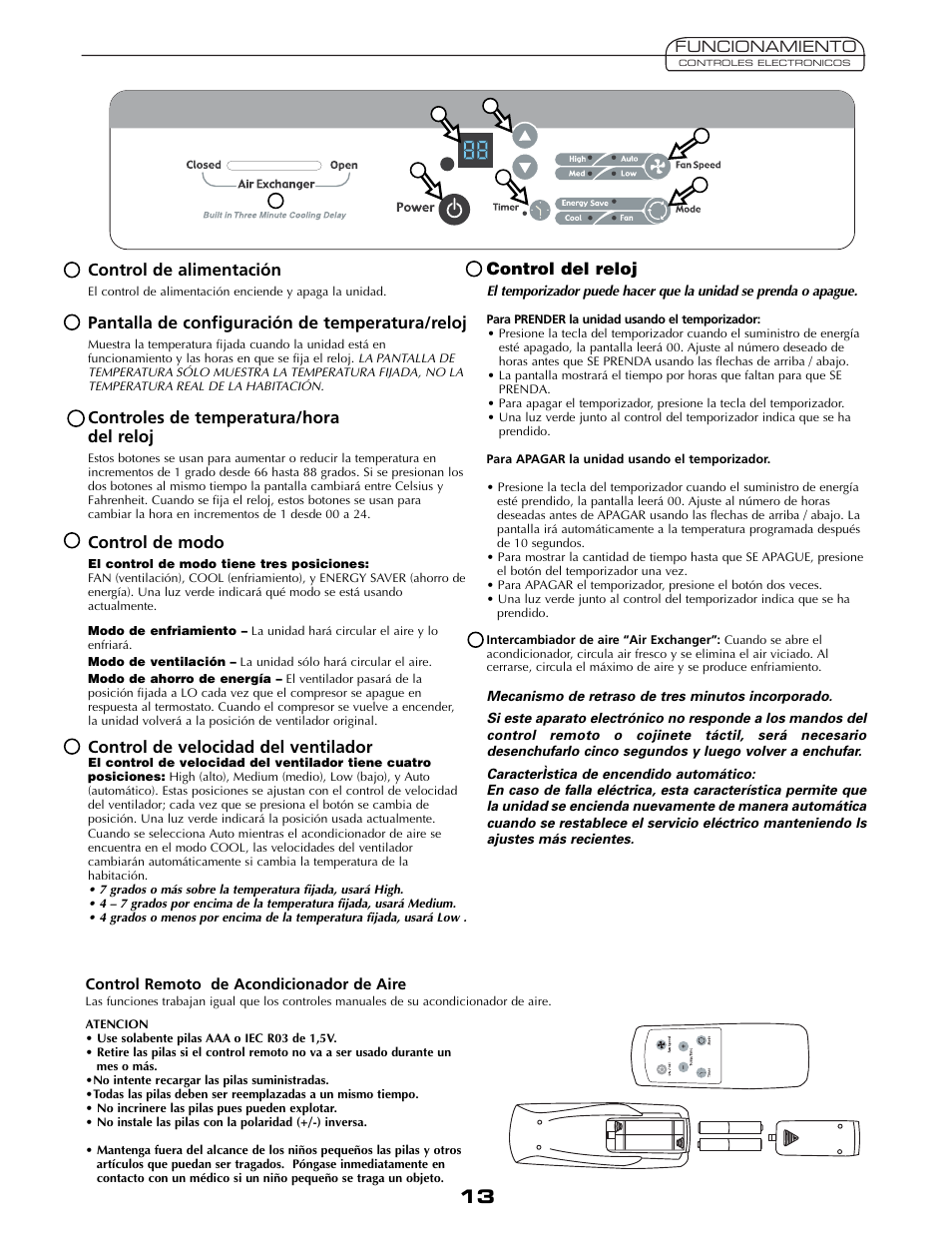 Control de alimentación, Pantalla de configuración de temperatura/reloj, Controles de temperatura/hora del reloj | Control de modo, Control de velocidad del ventilador, Control del reloj | Fedders A6V05S2B User Manual | Page 13 / 24