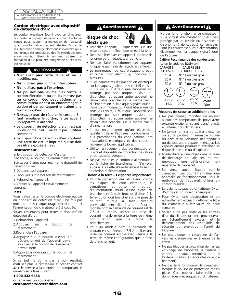 Risque de choc électrique | Fedders A6V05S2B User Manual | Page 16 / 24