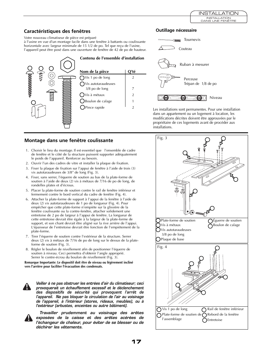 Caractéristiques des fenêtres, Montage dans une fenêtre coulissante | Fedders A6V05S2B User Manual | Page 17 / 24