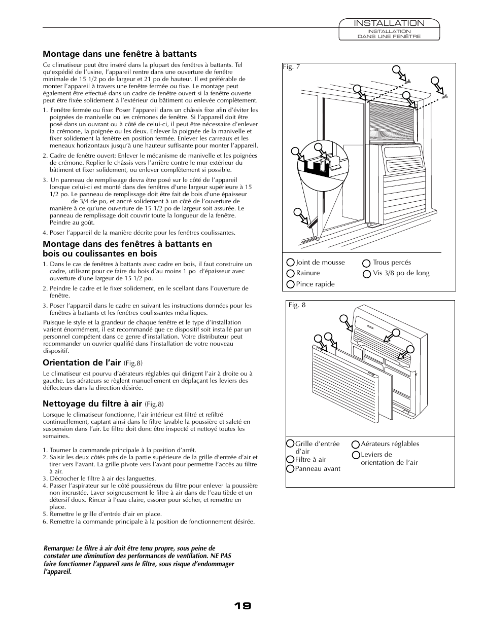 Montage dans une fenêtre à battants, Orientation de l’air, Nettoyage du filtre à air | Fedders A6V05S2B User Manual | Page 19 / 24