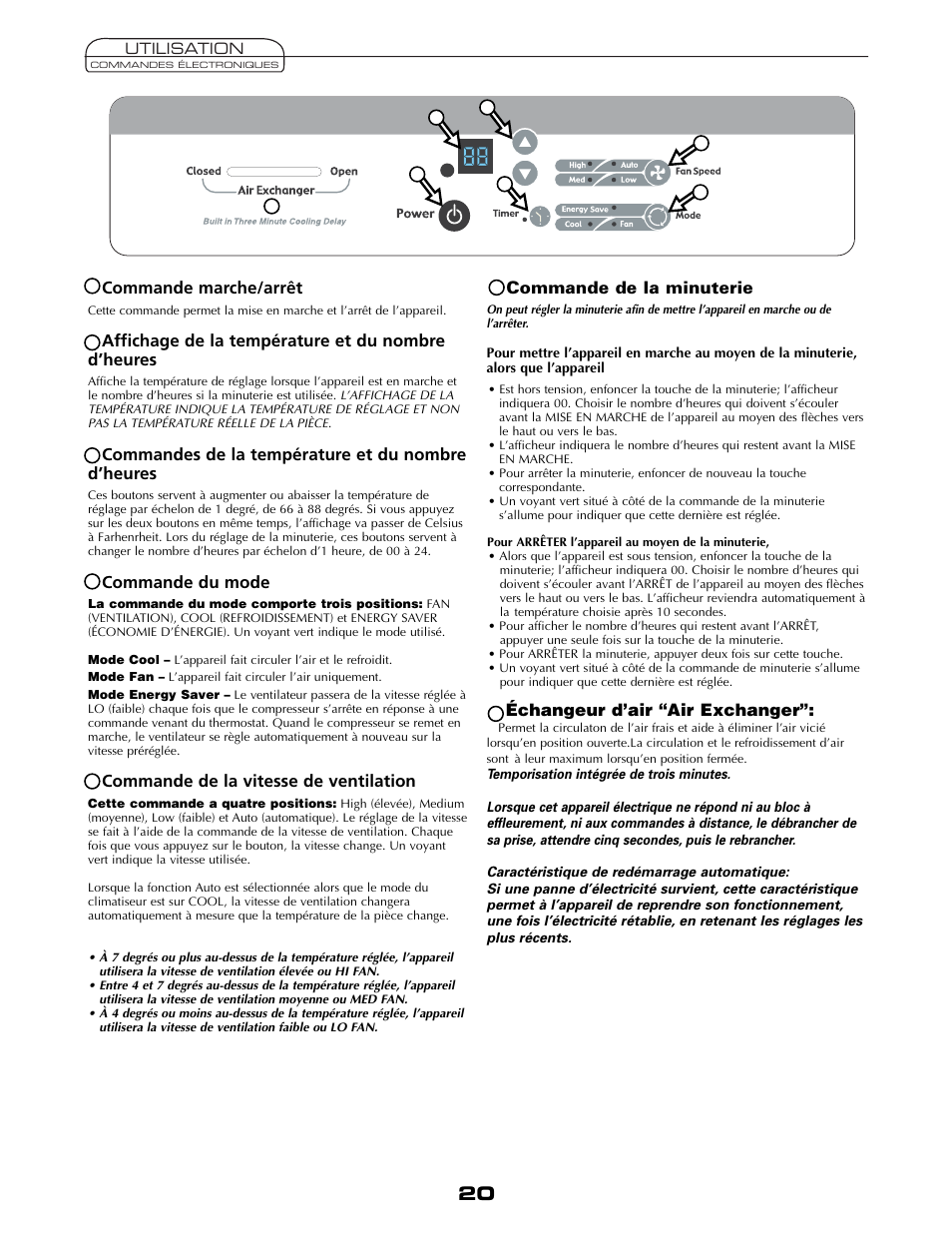 Commande marche/arrêt, Affichage de la température et du nombre d’heures, Commandes de la température et du nombre d’heures | Commande du mode, Commande de la vitesse de ventilation, Commande de la minuterie, Échangeur d’air “air exchanger | Fedders A6V05S2B User Manual | Page 20 / 24