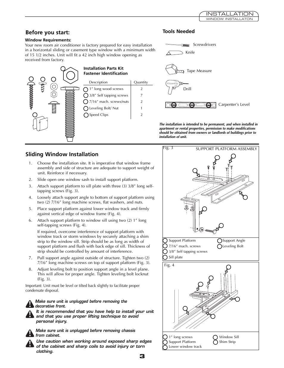 Before you start: sliding window installation, Tools needed | Fedders A6V05S2B User Manual | Page 3 / 24