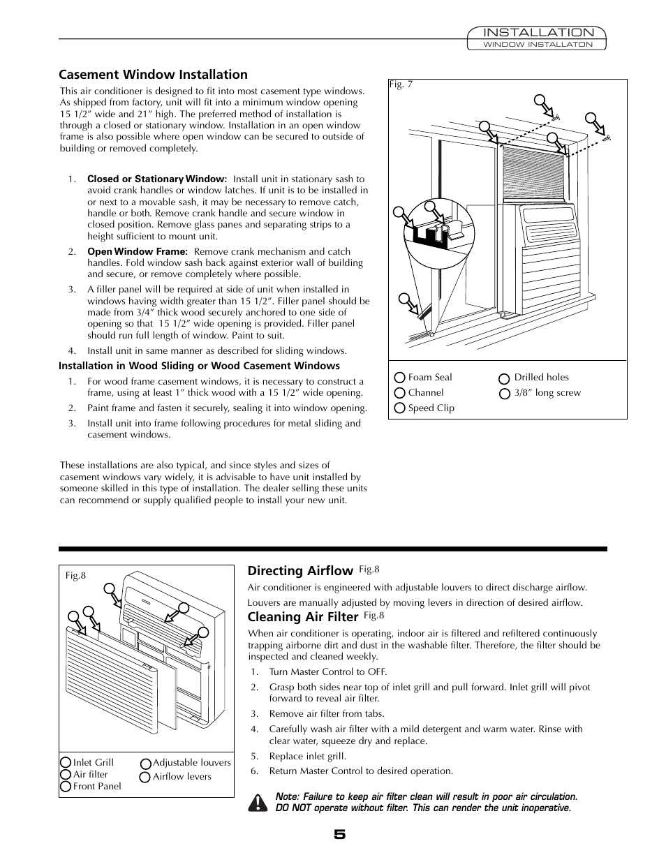 Casement window installation, Directing airflow, Cleaning air filter | Fedders A6V05S2B User Manual | Page 5 / 24