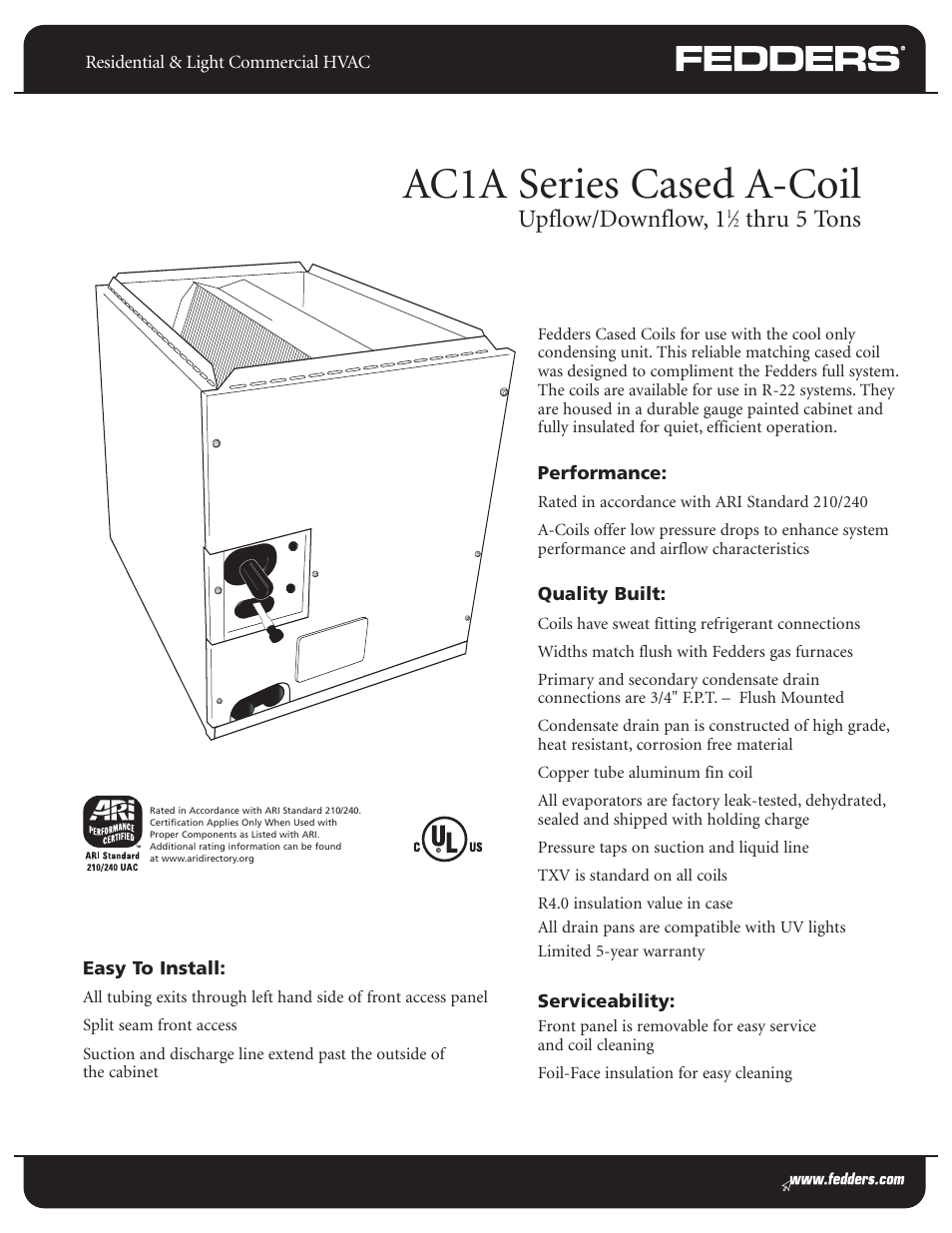 Fedders Cased A-Coil AC1A Series User Manual | 4 pages