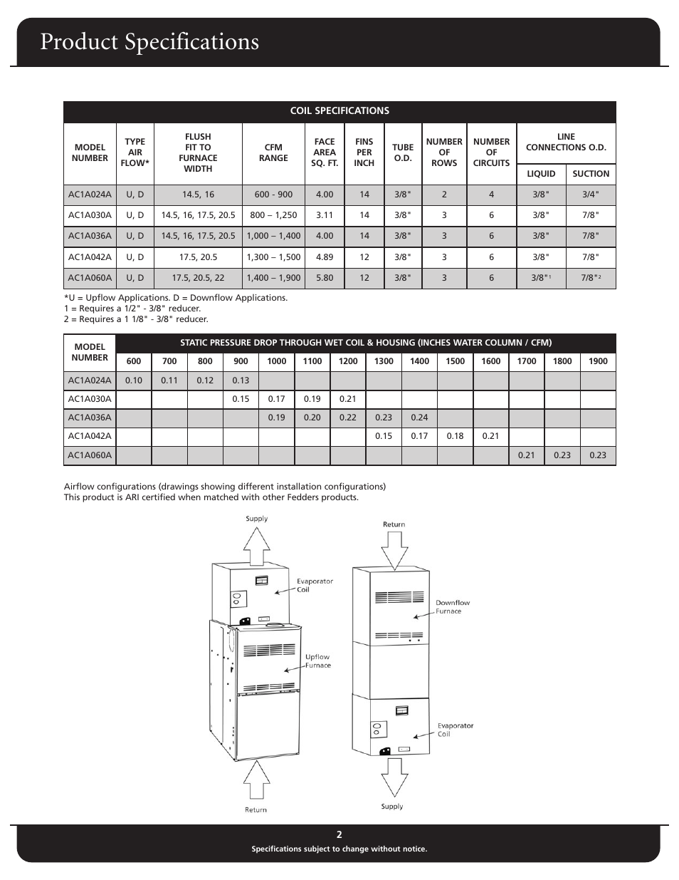 Product specifications | Fedders Cased A-Coil AC1A Series User Manual | Page 2 / 4