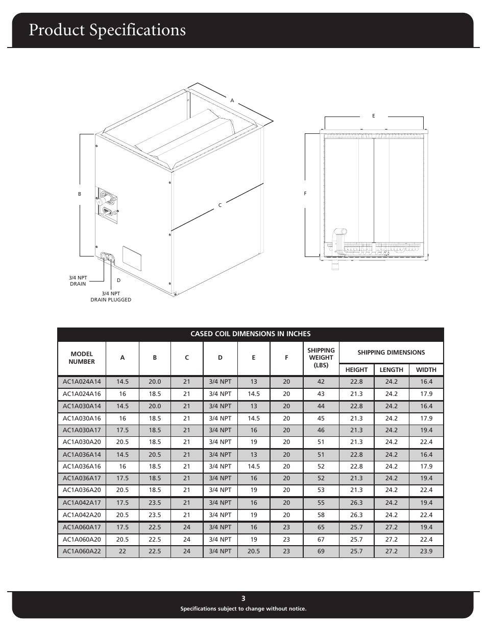 Product specifications | Fedders Cased A-Coil AC1A Series User Manual | Page 3 / 4