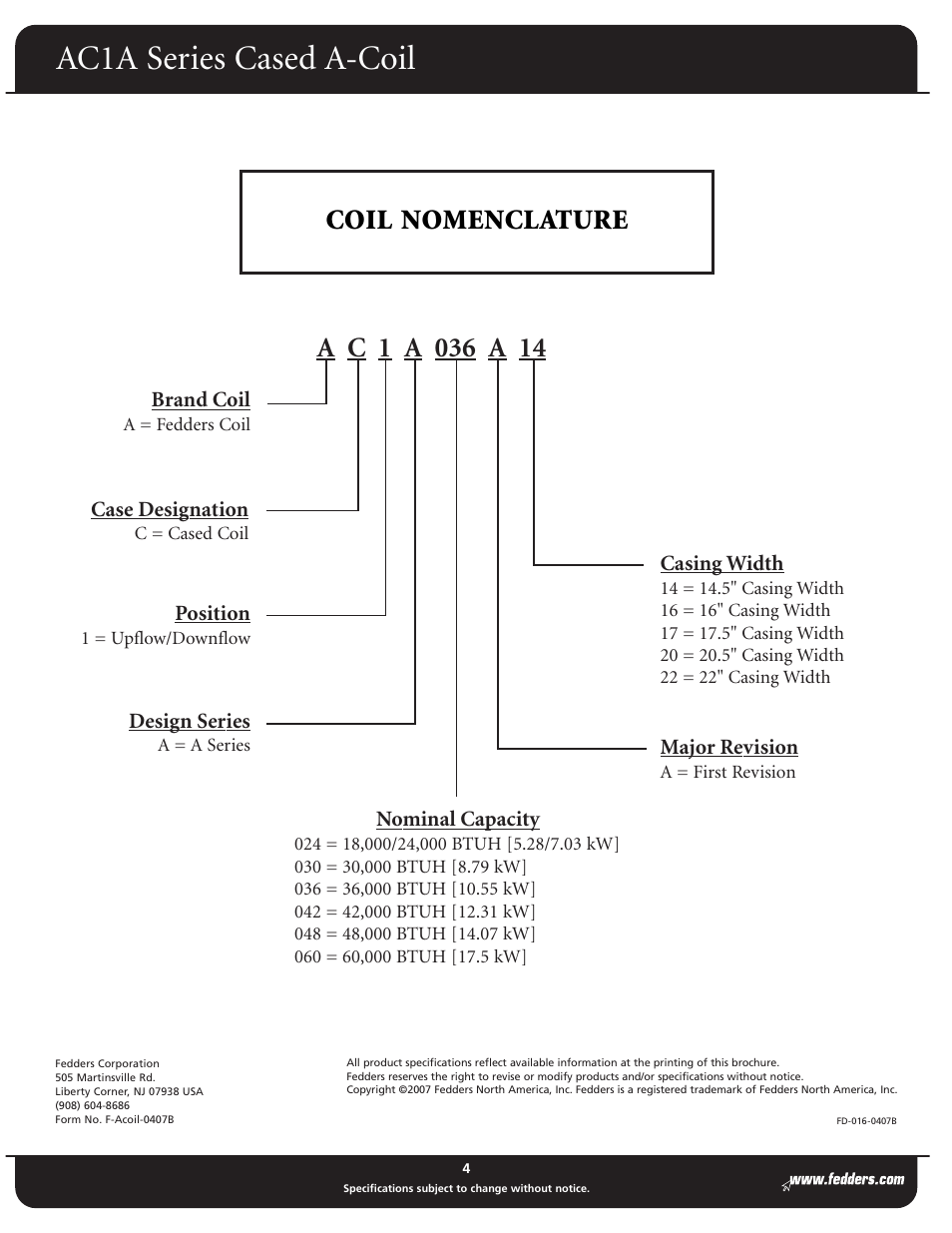 Ac1a series cased a-coil, Coil nomenclature | Fedders Cased A-Coil AC1A Series User Manual | Page 4 / 4
