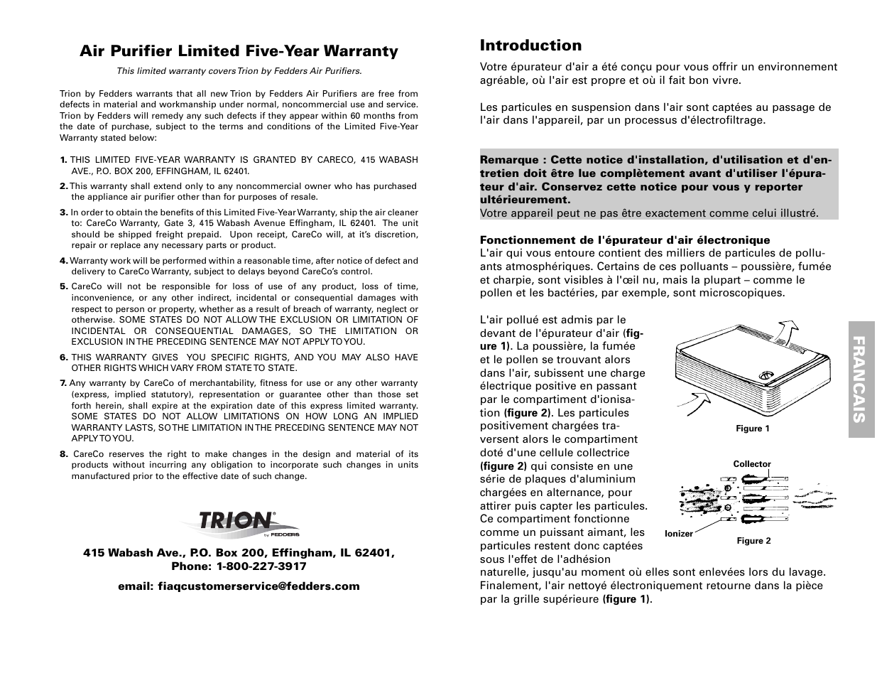 Franc ais, Introduction, Air purifier limited five-year warranty | Fedders 120V/60Hz User Manual | Page 10 / 16