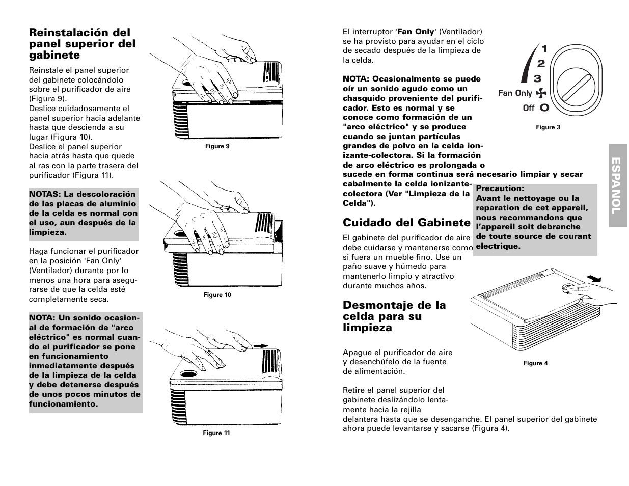 Reinstalación del panel superior del gabinete, Esp anol, Cuidado del gabinete | Desmontaje de la celda para su limpieza | Fedders 120V/60Hz User Manual | Page 15 / 16