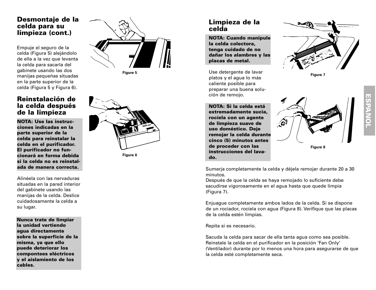 Esp anol, Limpieza de la celda, Desmontaje de la celda para su limpieza (cont.) | Reinstalación de la celda después de la limpieza | Fedders 120V/60Hz User Manual | Page 16 / 16