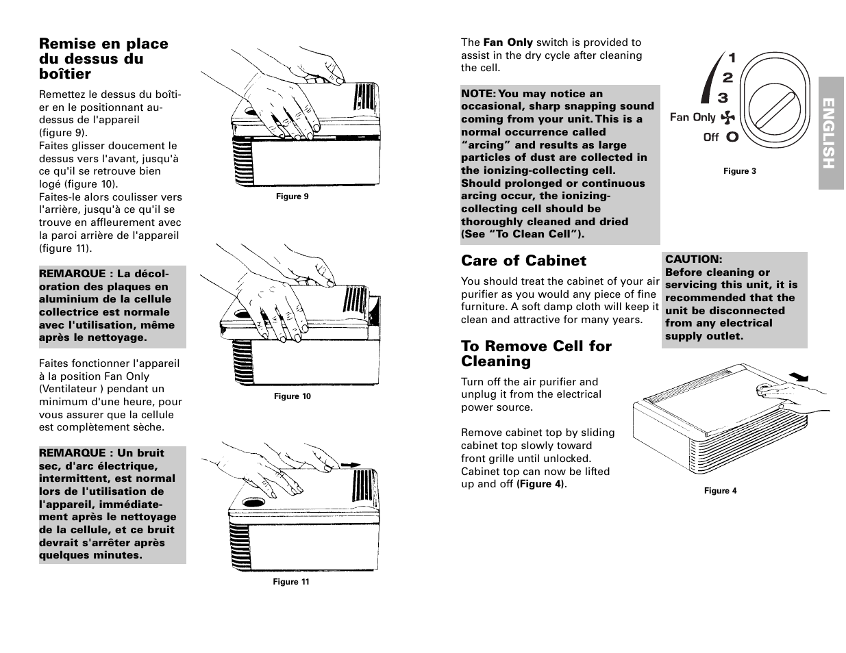 Remise en place du dessus du boîtier, English, Care of cabinet | Fedders 120V/60Hz User Manual | Page 5 / 16