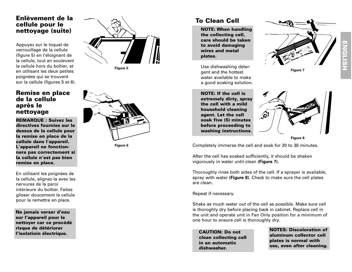 Enlèvement de la cellule pour le nettoyage (suite), Remise en place de la cellule après le nettoyage, English | Fedders 120V/60Hz User Manual | Page 7 / 16