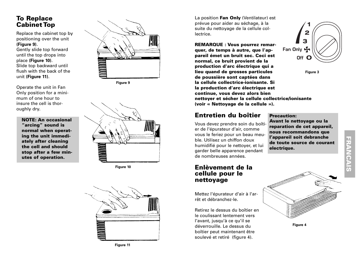 Franc ais, Entretien du boîtier, Enlèvement de la cellule pour le nettoyage | Fedders 120V/60Hz User Manual | Page 8 / 16