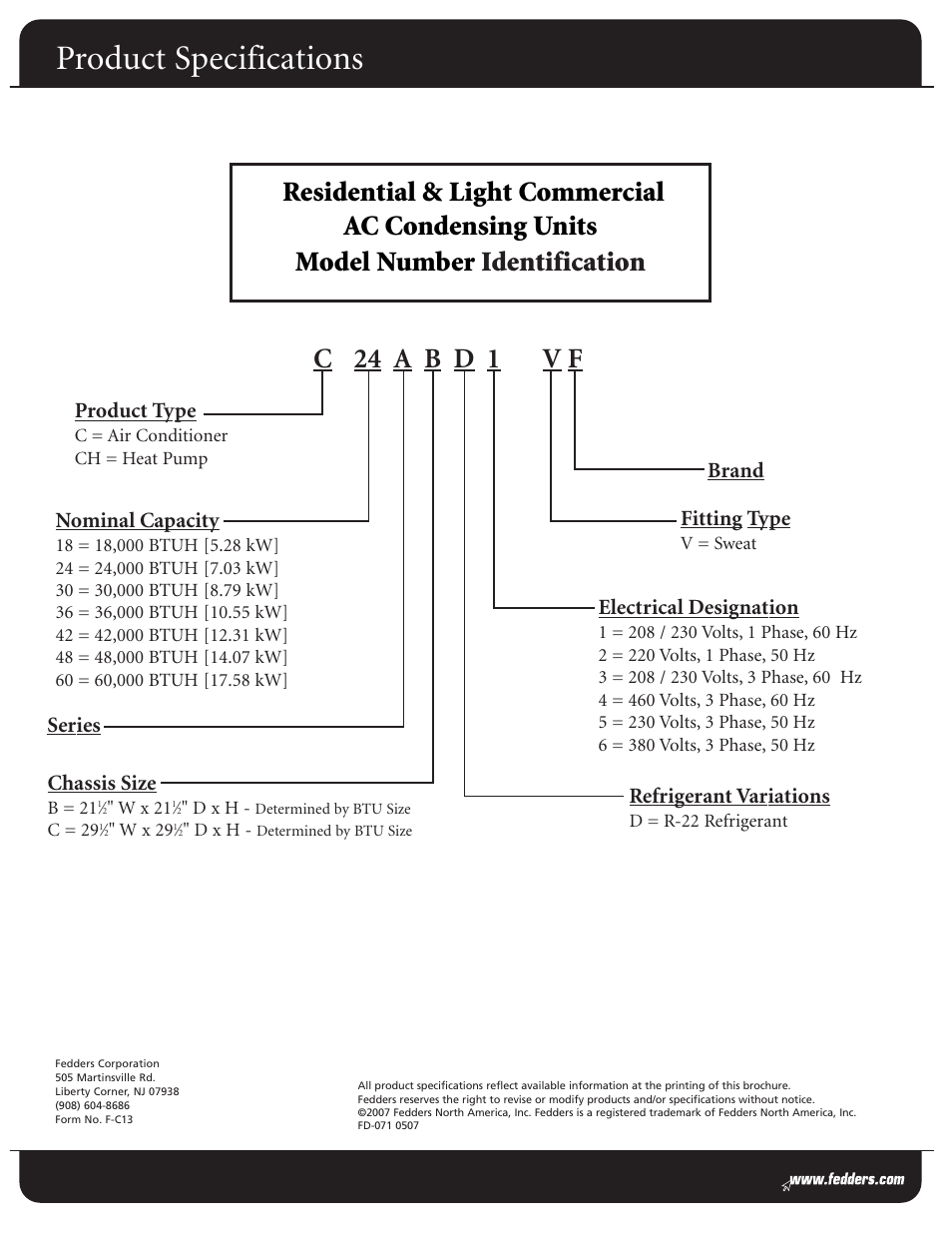Product specifications, C 24 a b d 1 v f * a | Fedders C48ACD1VF User Manual | Page 6 / 6
