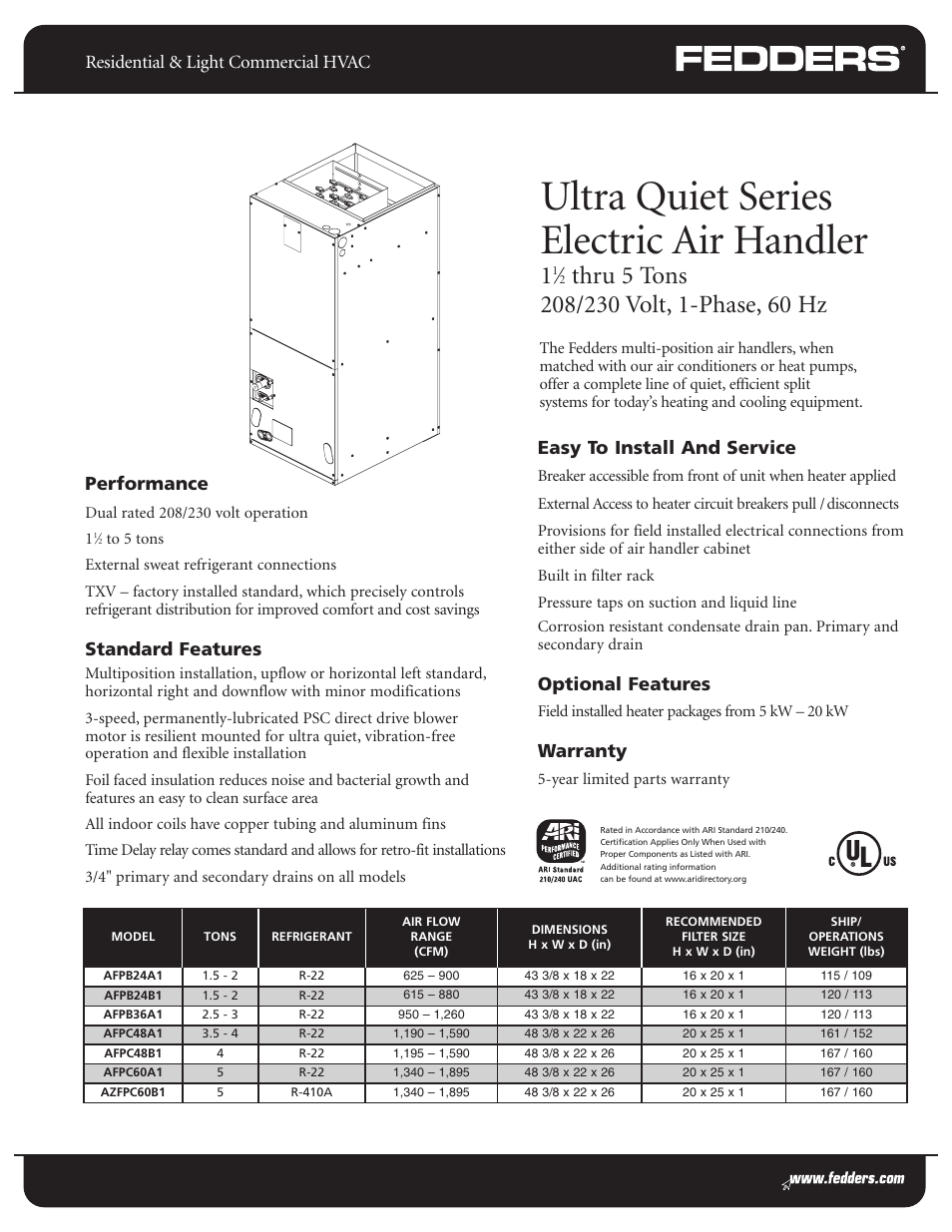 Fedders AFPB36A1 User Manual | 6 pages