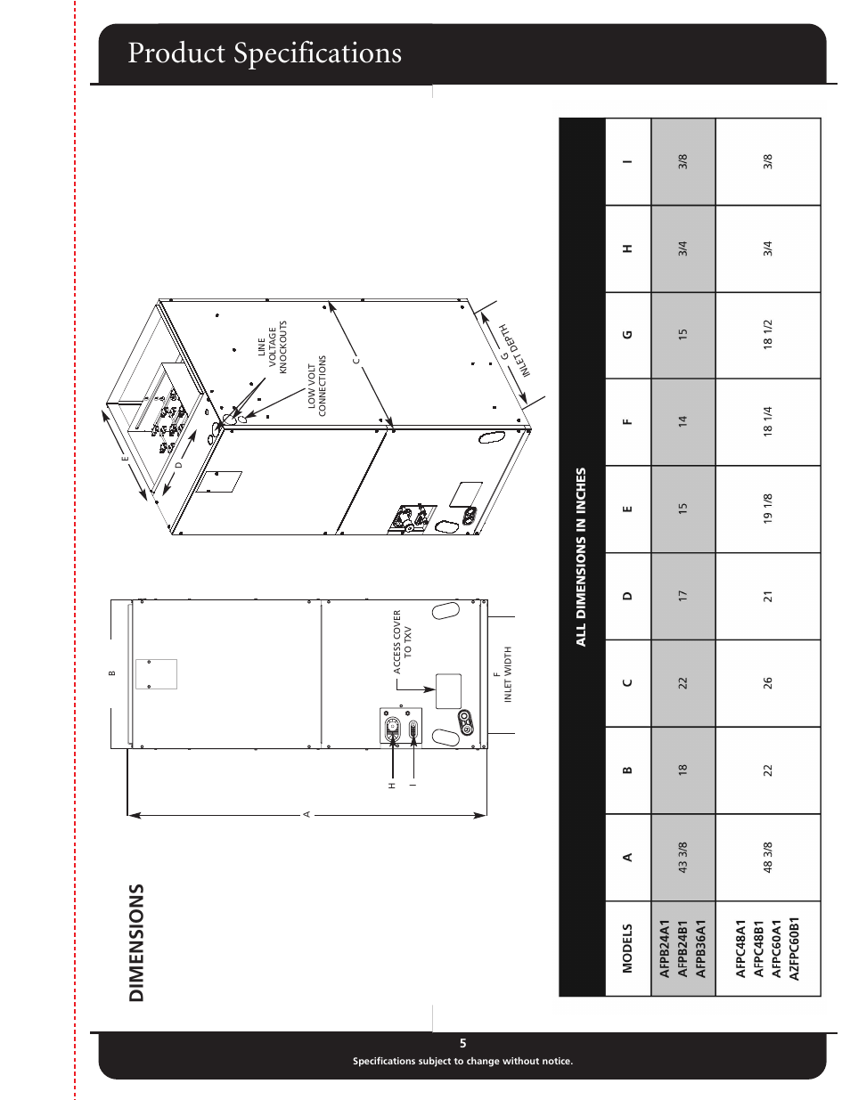 Product specifications | Fedders AFPB36A1 User Manual | Page 5 / 6