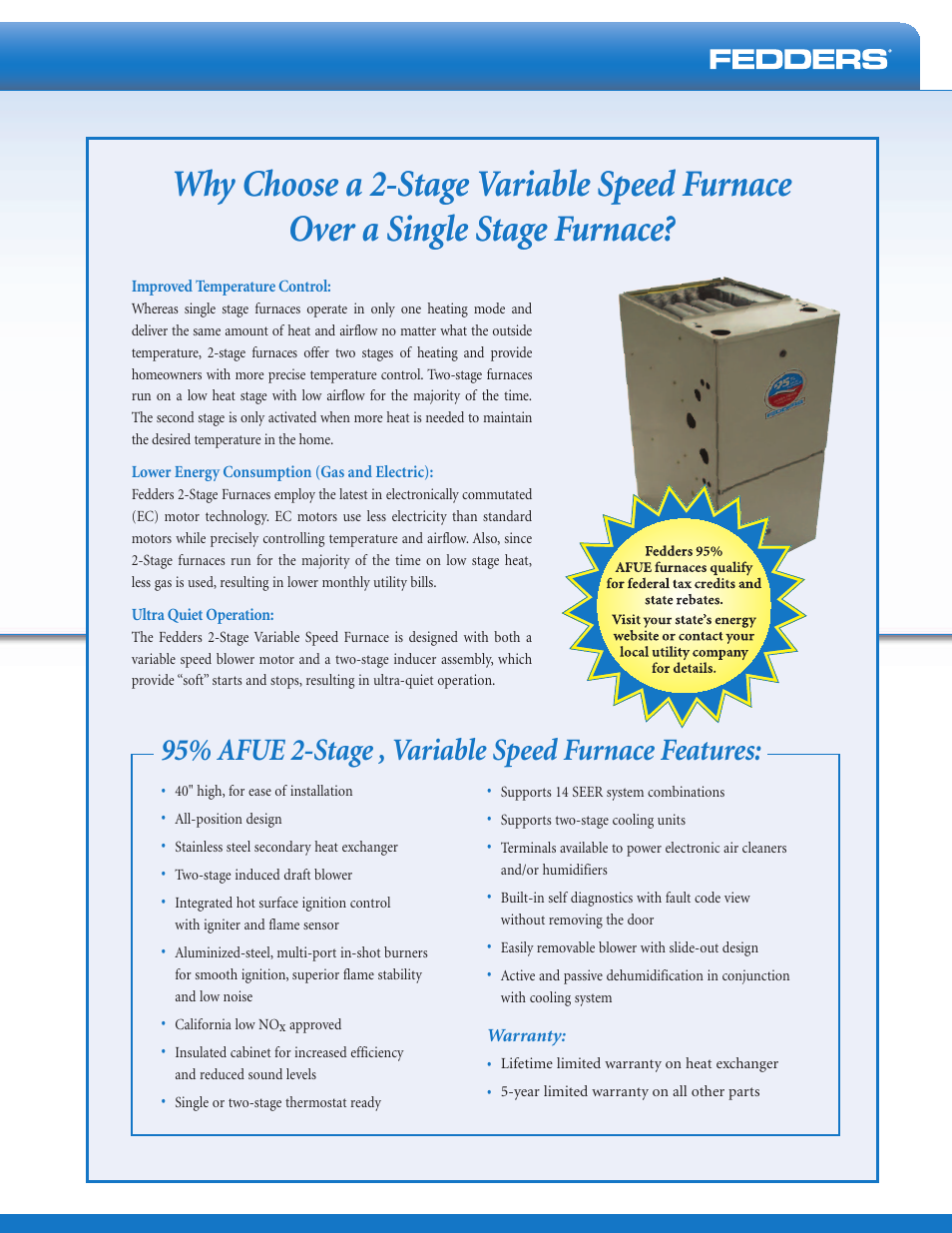 95% afue 2-stage , variable speed furnace features | Fedders AFUE 2-Stage User Manual | Page 3 / 4