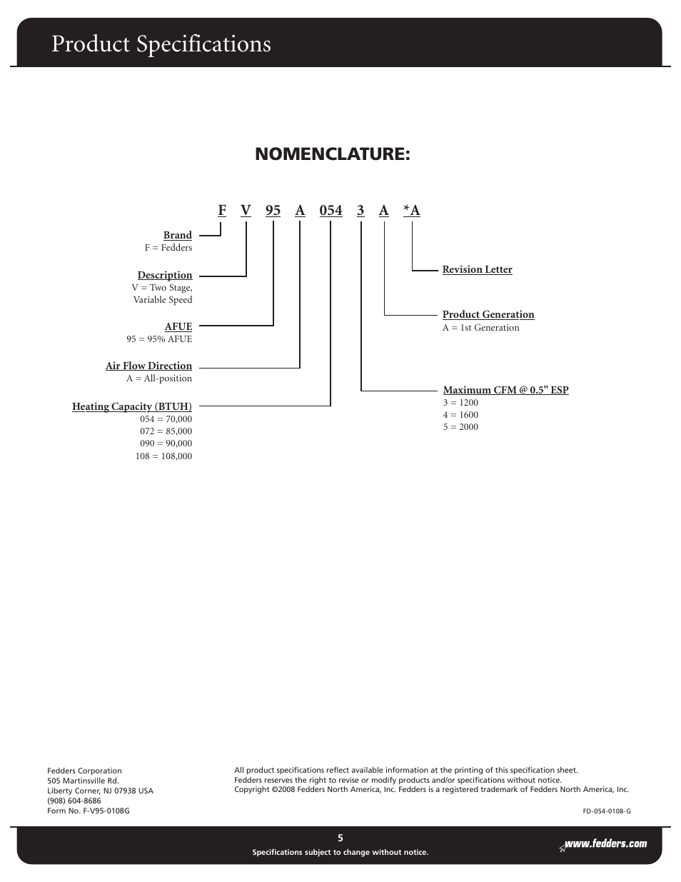 Product specifications, Nomenclature | Fedders FV95A Series User Manual | Page 5 / 5