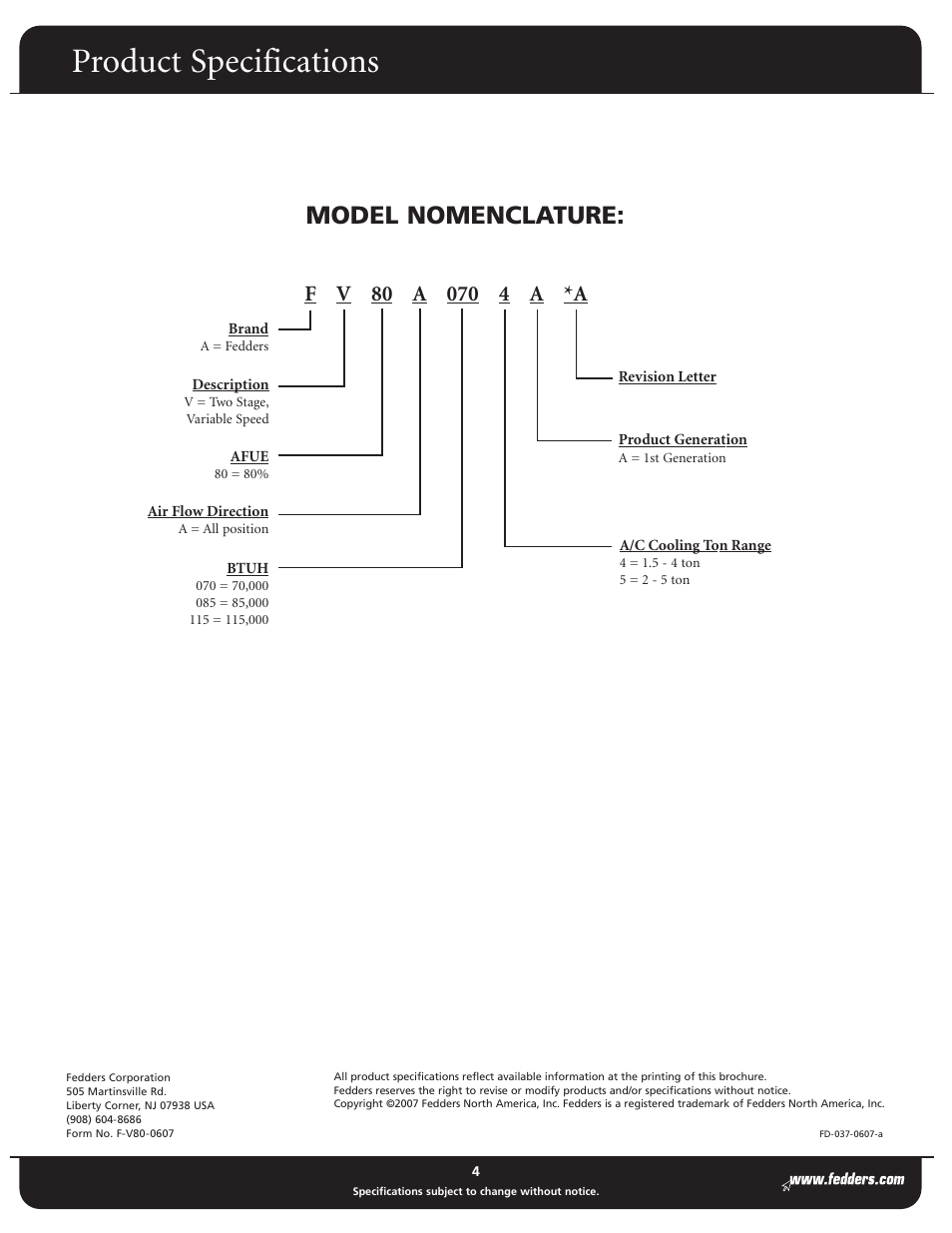 Product specifications, Model nomenclature | Fedders FV80 Series User Manual | Page 4 / 4