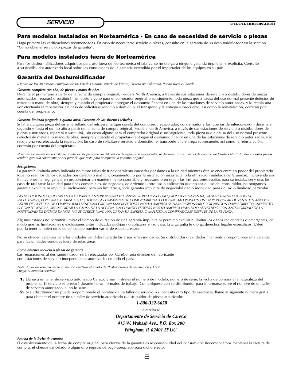 8servicio, Para modelos instalados fuera de norteamérica, Garantía del deshumidificador | Fedders A3DH30B2A User Manual | Page 10 / 16