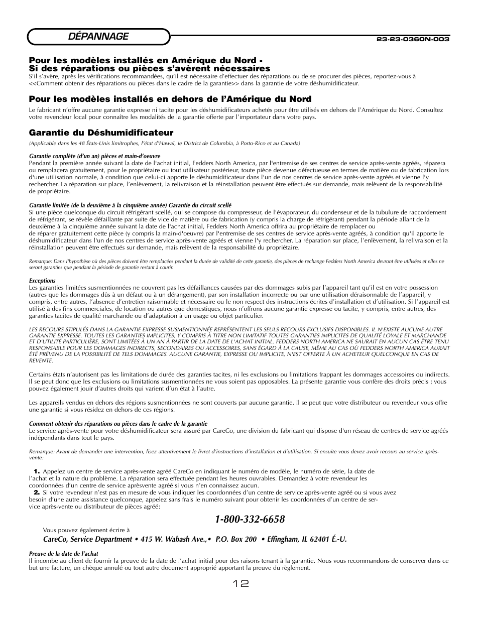 12 dépannage, Garantie du déshumidificateur | Fedders A3DH30B2A User Manual | Page 14 / 16