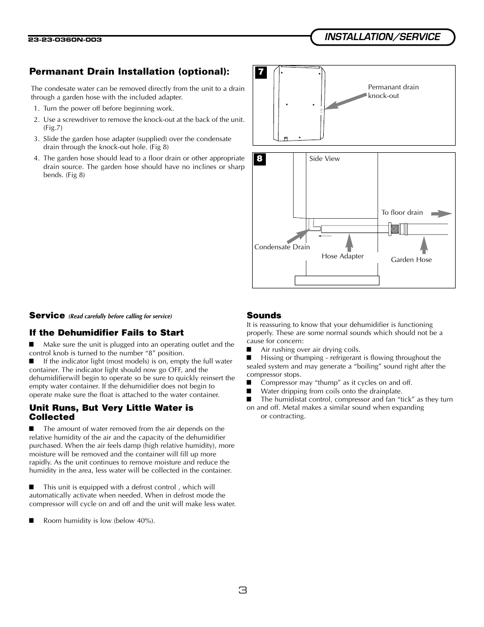3installation/service, Permanant drain installation (optional) | Fedders A3DH30B2A User Manual | Page 5 / 16