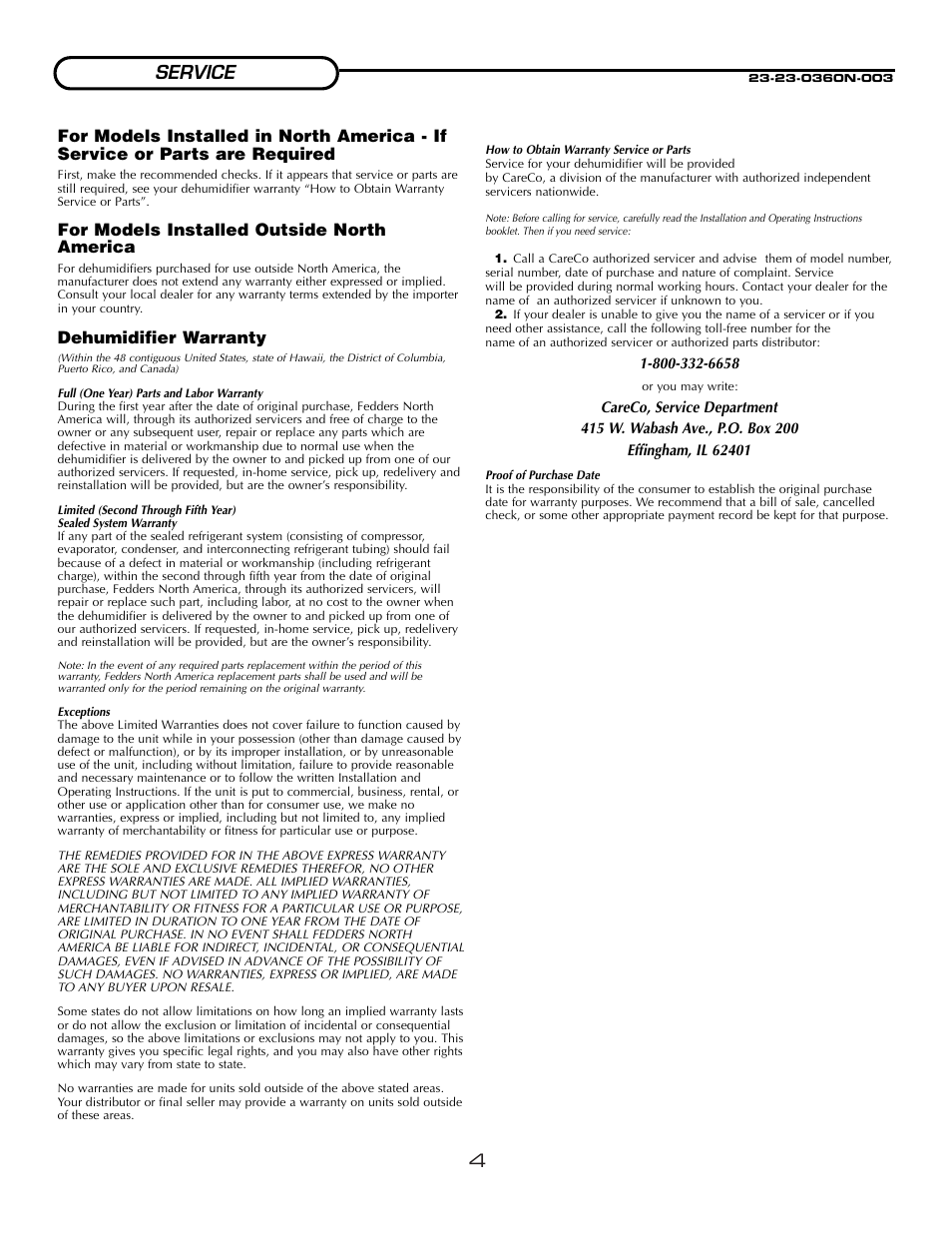 4service, For models installed outside north america, Dehumidifier warranty | Fedders A3DH30B2A User Manual | Page 6 / 16