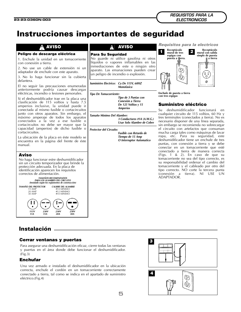 Instrucciones importantes de seguridad, Instalación, Suministro eléctrico | Cerrar ventanas y puertas, Enchufar, Aviso aviso, Aviso 3 4 | Fedders A3DH30B2A User Manual | Page 7 / 16